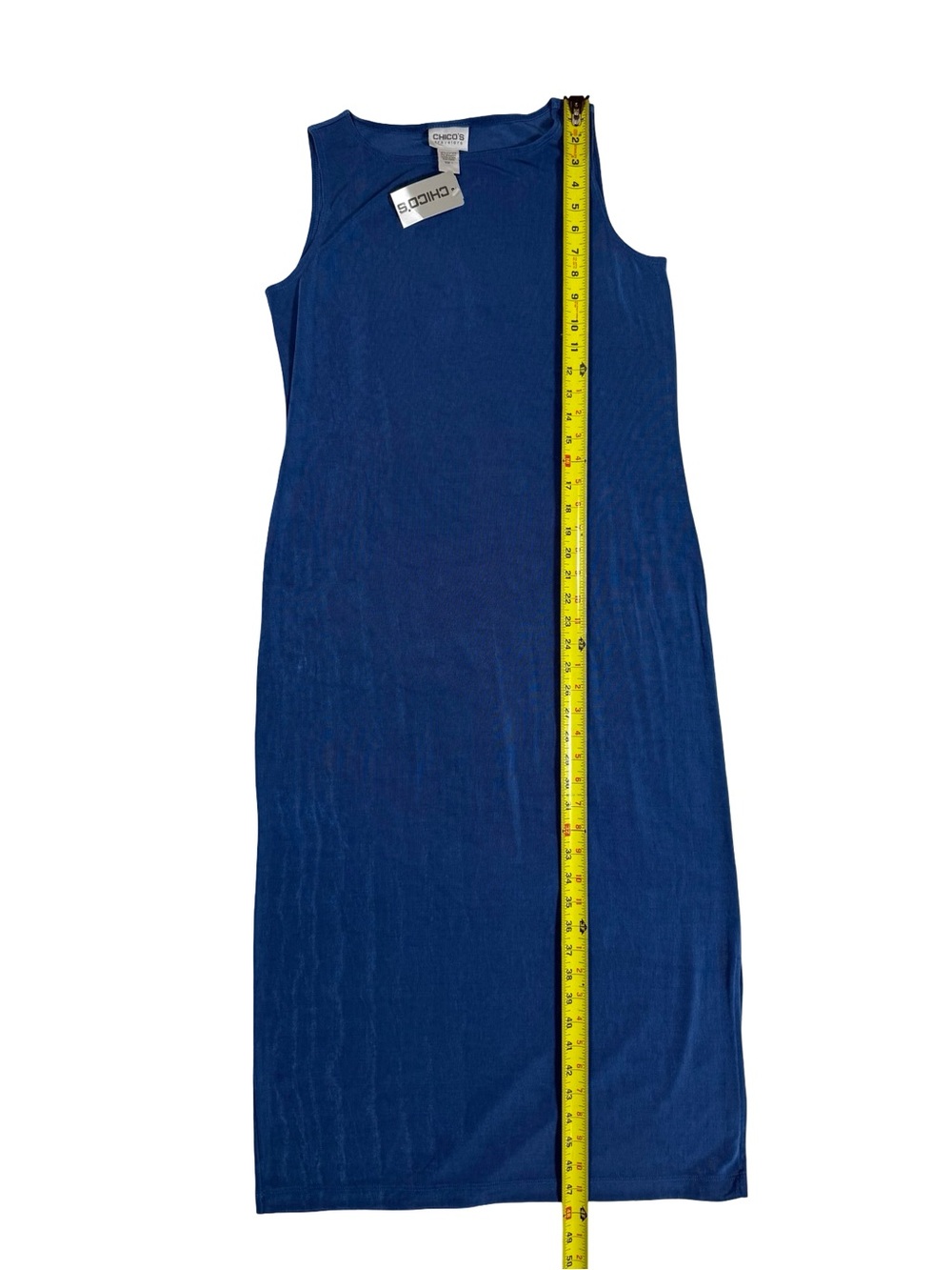 Chico’s Travelers Blue Maxi Dress Medium Sleeveless Slinky Stretch USA Made NWT - Picture 4 of 6